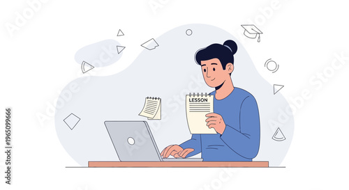 Student learning online with laptop and lesson notes, graduation cap icon