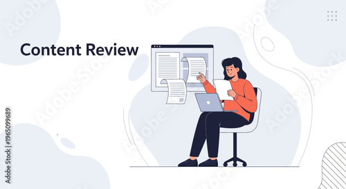 Content review concept: person working on laptop with documents and computer screen