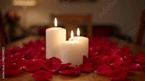 Table Decorated with Rose Petals and Candles Mid Shot Romantic Setup