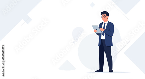 Businessman in Suit Using Tablet PC, Modern Office Background, Digital Technology Concept