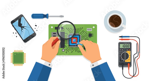 Overhead view of hands repairing a circuit board with a magnifying glass and tools on a white background.