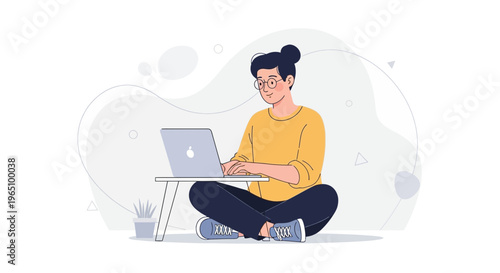 Young woman working on laptop, sitting cross-legged on floor, modern illustration