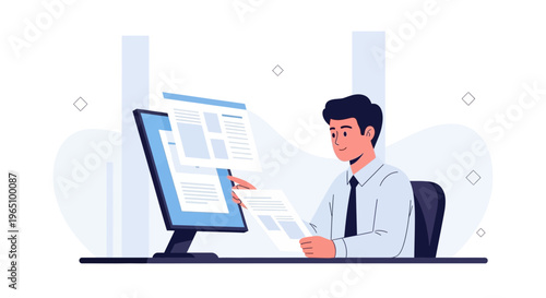 Businessman working on computer, analyzing documents and data, modern office illustration