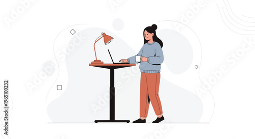 Woman working at a standing desk with laptop and coffee, modern office illustration