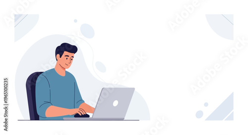 Man working on laptop at desk, modern flat illustration