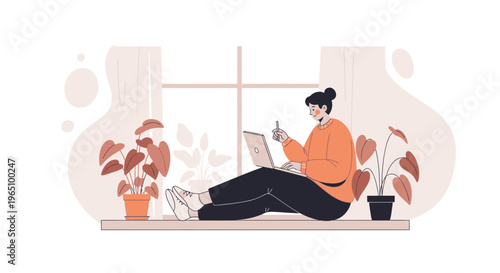 Woman working on laptop by window with plants, cozy home office, remote work
