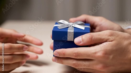 Hands Exchanging Small Gift Box Close Up Romantic Giving Gesture