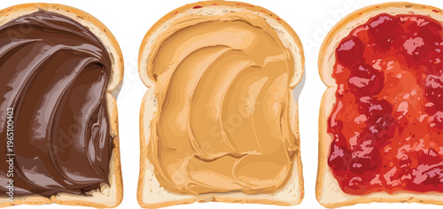 Bread Slices with Chocolate Spread, Peanut Butter, and Jam for Breakfast, Snack, and Food Illustration Graphics
