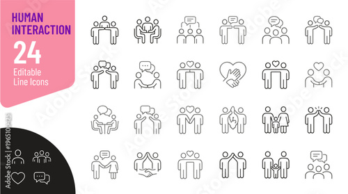Human interaction editable line icons on white background for business communication