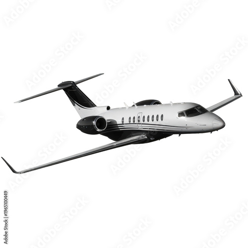 Private jet in flight on transparent background