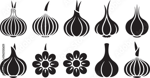 Garlic Icon Set Black Silhouette Vegetable Food Symbols Collection