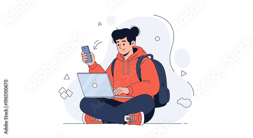 Young student with laptop and phone, studying outdoors, modern flat illustration