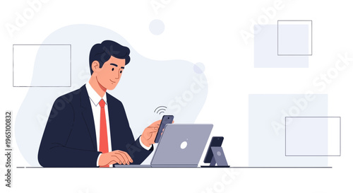 Businessman using smartphone and laptop, modern office technology, digital connection