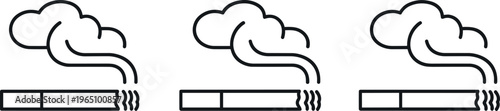 Smoking cigarette icon set with smoke clouds in outline style representing tobacco use addiction and unhealthy lifestyle concepts