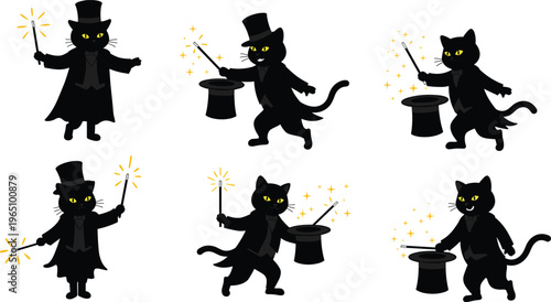 Set of six magician cat silhouettes with capes, top hats, and glowing wands, whimsical fantasy illustration, symbolic animal wizard artwork
