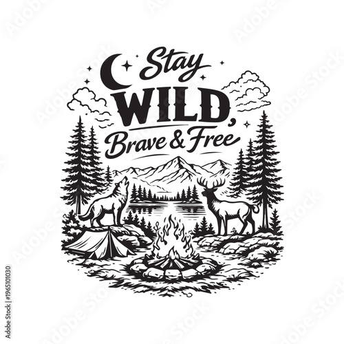 Detailed wilderness illustration with mountain, forest, wolf, and deer for t-shirt print, Vintage retro badge t-shirt design with 