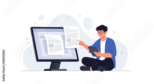 Man studying documents on computer and tablet, online education concept