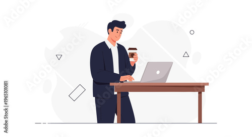 Man in suit with coffee working on laptop at desk, modern flat illustration