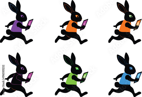 Set of six colorful cartoon rabbits running with tablets, vibrant anthropomorphic animal illustration, modern digital technology concept, whimsical fashion design artwork
