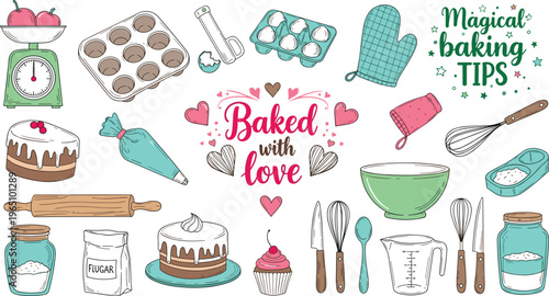 Baking illustration, kitchen utensils, cakes, cupcakes, whisk, rolling pin, piping bag, oven mitt, flour jar, sugar container, mixing bowl, love