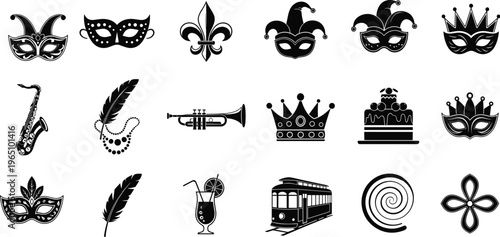 Mardi Gras icons, New Orleans culture, masquerade masks, jester hats, fleur-de-lis, jazz instruments, crowns, feathers, beads, cake, streetcar, celebration