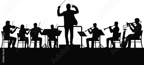 Orchestra silhouettes, conductor with baton, musicians performing, violin players, trumpet section, trombone ensemble, woodwind instruments, harmony teamwork, classical music, stage illustration