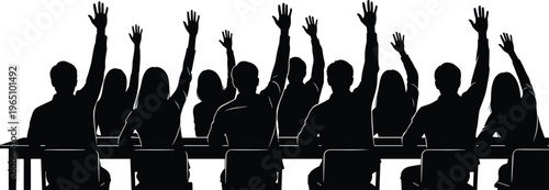 Classroom silhouettes, students raising hands, group participation, meeting discussion, voting gesture, teamwork concept, communication, learning environment, black illustration, white background