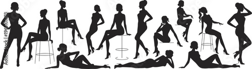 Human silhouettes, fashion poses, artistic posture, sitting on stool, reclining figure, standing model, dynamic movement, elegant form, black illustration, white background