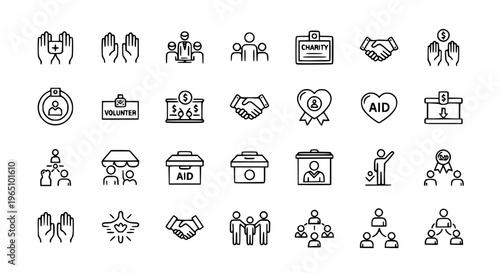 Minimal volunteering outline icon set with community support and charity symbols