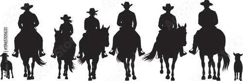 Cowboy silhouettes on horseback, western riders, calf and dog, ranch lifestyle, rural tradition, country culture, black figures, white background, teamwork, heritage