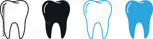 Tooth icon set in outline solid and flat blue styles for dental care medical hygiene and dentistry concepts