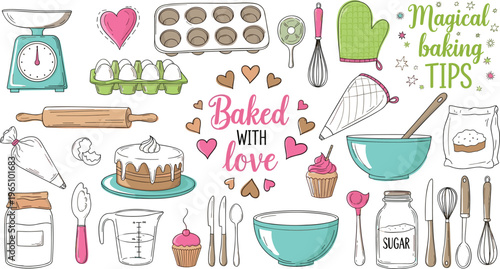 Baking illustration, kitchen utensils, whisk, rolling pin, piping bag, oven mitt, flour jar, sugar container, cupcake, cake, mixing bowl, love
