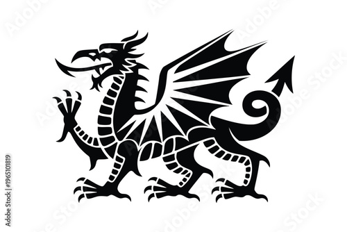 Black and white tribal dragon with spiked wings and tail