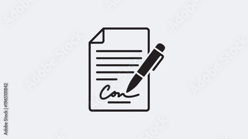 A professional document icon featuring a sheet of paper with lines of text and a handwritten signature, alongside a black pen, symbolizing agreement, contract, and official paperwork.