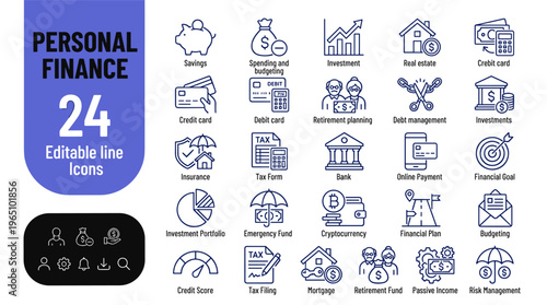 Personal finance icons on white background for business and editorial use