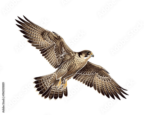 A detailed vector illustration of a peregrine falcon in flight. This powerful bird of prey symbolizes speed, freedom, and precision. Perfect for logos and educational content.
