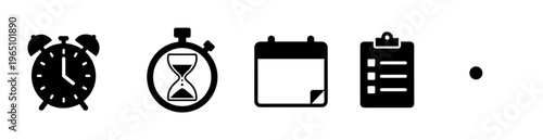 A set of black icons for time management, planning, and scheduling. Vector symbols for web design, apps, and business presentations on productivity and project management.