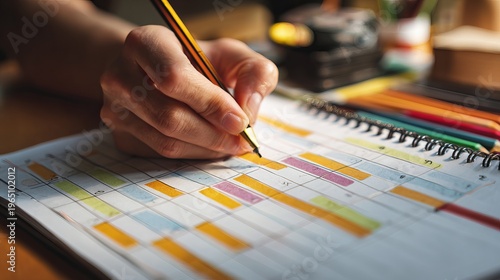 Student organizing timetable on desk, hands only, indoor study planning scene