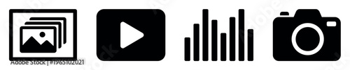 A set of four black multimedia icons: photo gallery, video play, audio equalizer, and camera. Perfect for user interface design, websites, and mobile apps. Simple flat vector style.