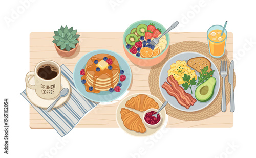 Illustrated top view of a brunch table with coffee, pancakes, eggs, bacon, and fruit. Perfect for cafe menus, food blogs, or lifestyle content. Healthy delicious food concept.