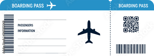 Airline boarding pass ticket template vector with barcode QR code airplane icon and passenger information layout design