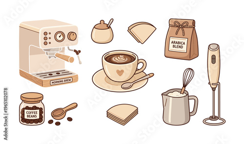 Cute vector set of coffee making equipment and accessories. Includes espresso machine, latte, and barista tools. Ideal for cafe menus, branding, and coffee lover designs.
