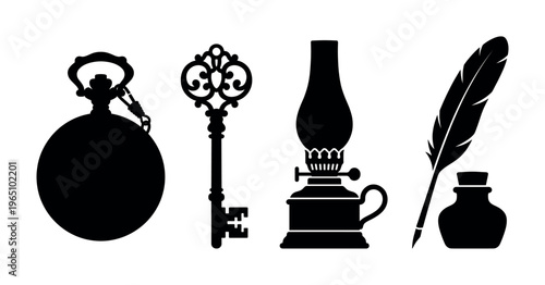 A collection of vintage black silhouettes. Features a pocket watch, old key, oil lamp, and quill with inkwell. Perfect for retro, history, or literary design themes.