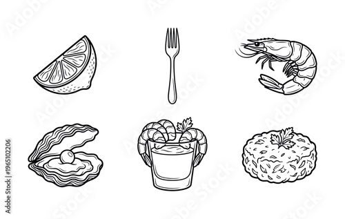 A set of hand-drawn seafood line art icons. Includes shrimp, oyster, risotto, and lemon. Ideal for restaurant menus, logos, or food packaging. Classic vector illustration.