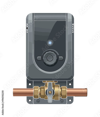 Vector illustration of a modern electric water heater with a control panel and copper pipes. Ideal for plumbing, HVAC, and home energy system concepts. Clean, technical design.