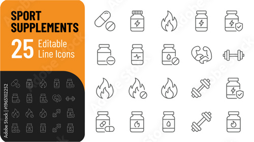 Sport supplements icons on white background for fitness and nutrition concepts