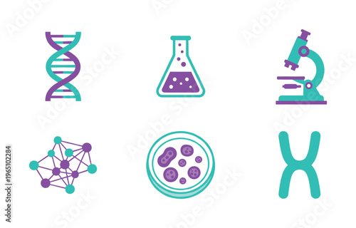 A set of flat scientific icons for genetics and biology. Includes DNA, microscope, cells, and flask. Perfect for lab, research, or educational design projects.