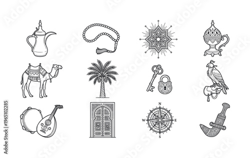 A set of traditional Arabic cultural icons in a minimal line art style. Includes a camel, palm, and dallah. Ideal for travel, heritage, and ethnic design projects. Vector.