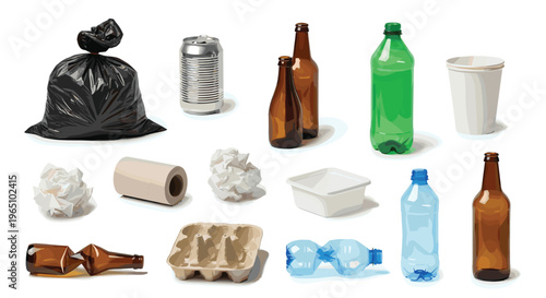 Waste and Recycling Items Collection with Bottles, Cans, and Trash for Environmental, Recycling, and Waste Management Graphics