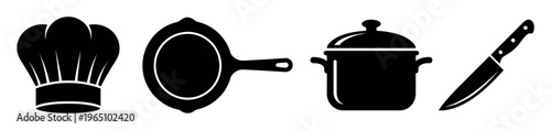 Set of black silhouette icons for cooking. Includes a chef hat, frying pan, pot, and knife. Perfect for restaurant menus, food blogs, and culinary design.